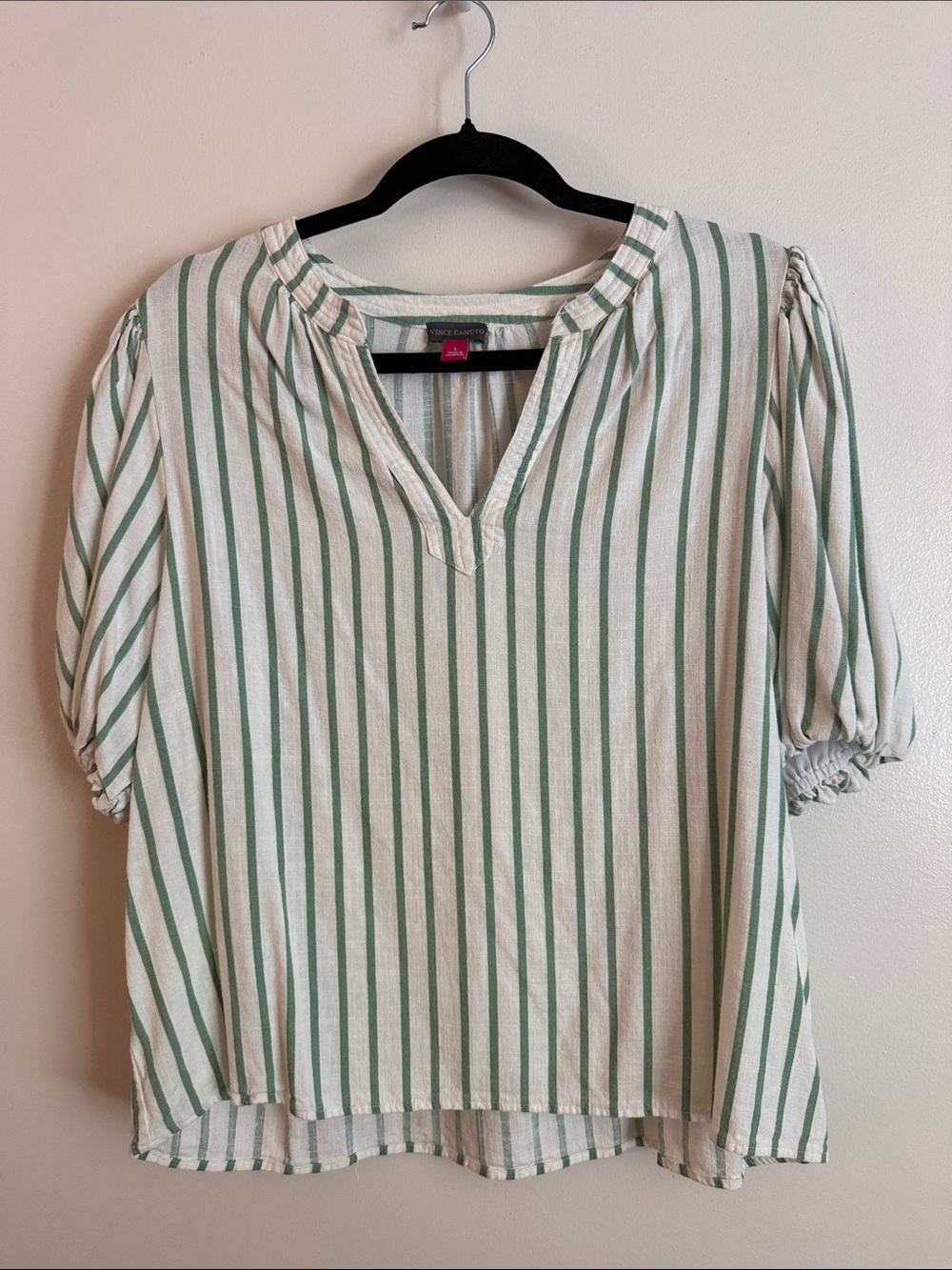 Vince Camuto Green and White Vertical Stripe Puff Sleeve Top size L